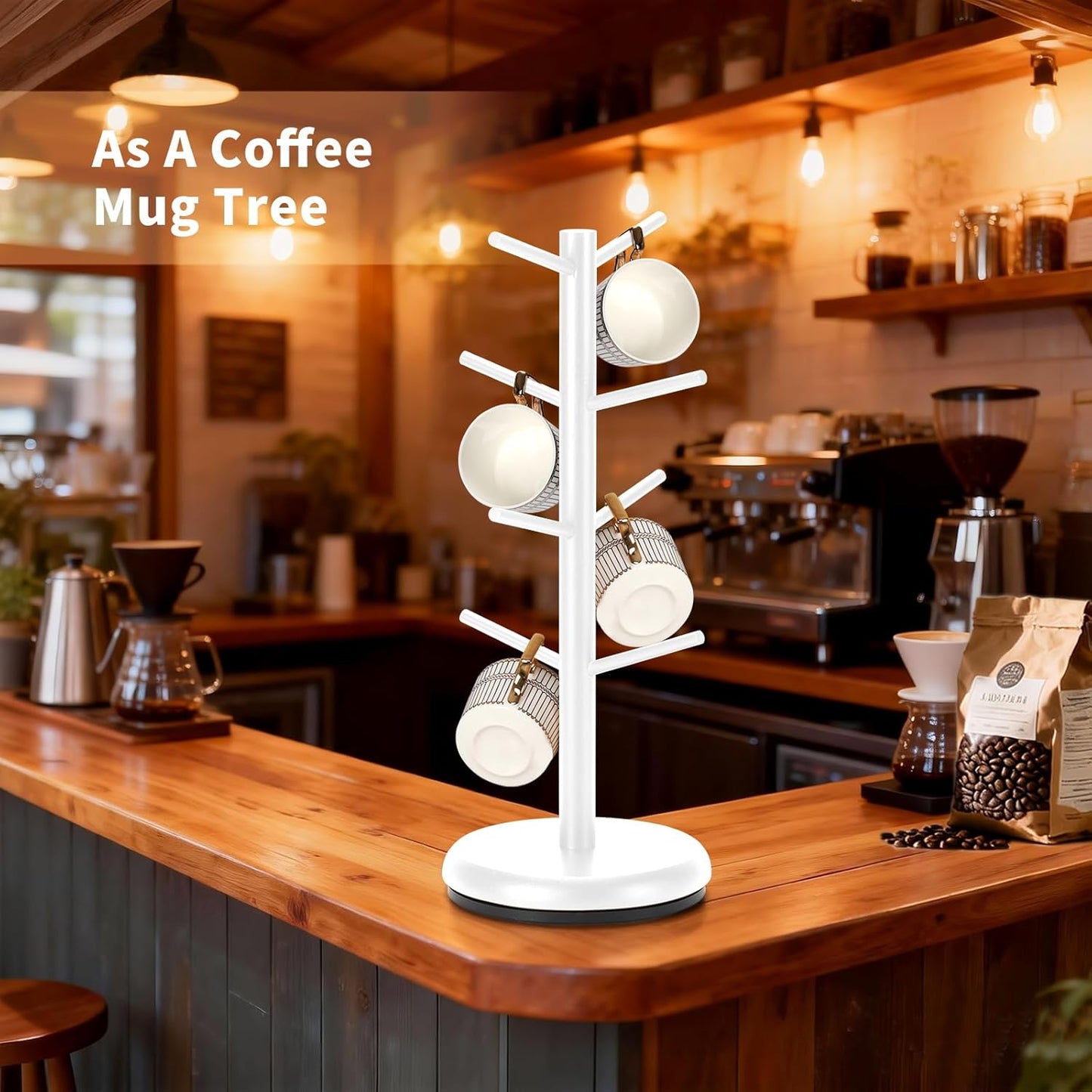 Mug Holder, 360° Rotating Mug Tree Holds 8 Coffee Cups, Space Saving Mug Stand with Stable Base for Kitchen Coffee Bar