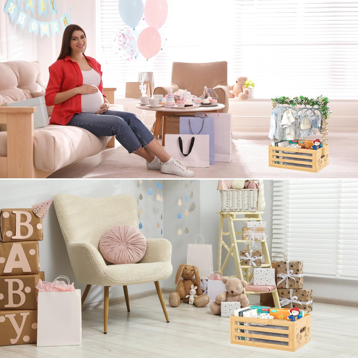 Baby Shower Crate Closet, Baby Baskets with Hangers Handle, Baby Crate Box for Baby Shower, Welcome Gift Basket for Newborn Baby, Pregnancy Gift for New Parents (Natural, Small Size)
