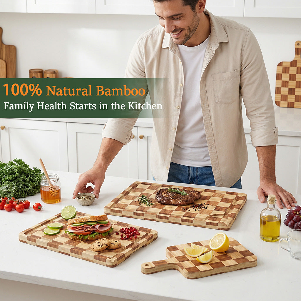Bamboo Cutting Board 17" x 12", Heavy Duty Checkered End Grain Butcher Block for Kitchen with Deep Juice Grooves and Handles for Meat, Cheese, Charcuterie and Gifting