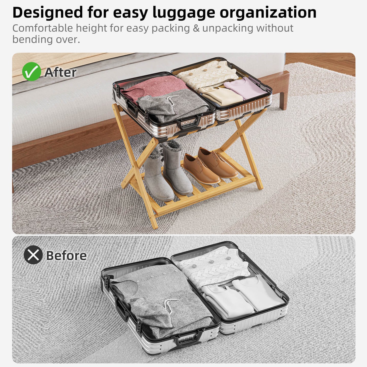 Folding Bamboo Luggage Rack with 6 Nylon Straps