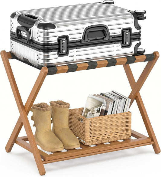 Bamboo Luggage Rack for Guest Room, Wide Suitcase Stand with Storage Shelf, Folding Luggage Stand Holder for Bedroom Hotel, 26.77" Thickened Luggage Rack for Suitcases, Tea brown
