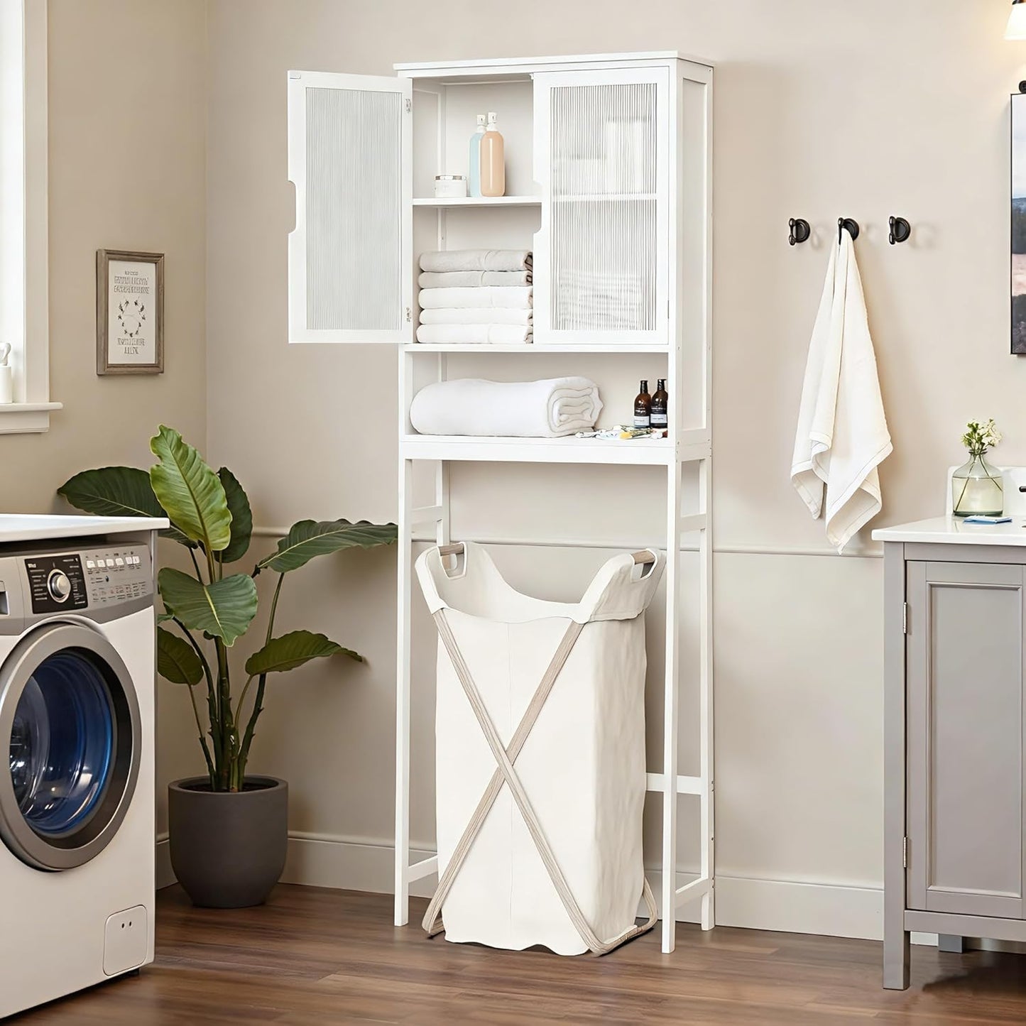 Over The Toilet Storage Cabinet, Bamboo Bathroom Over Toilet Storage Organizer with Adjustable Shelves and Double Doors, Above Toilet Storage Cabinet (White)