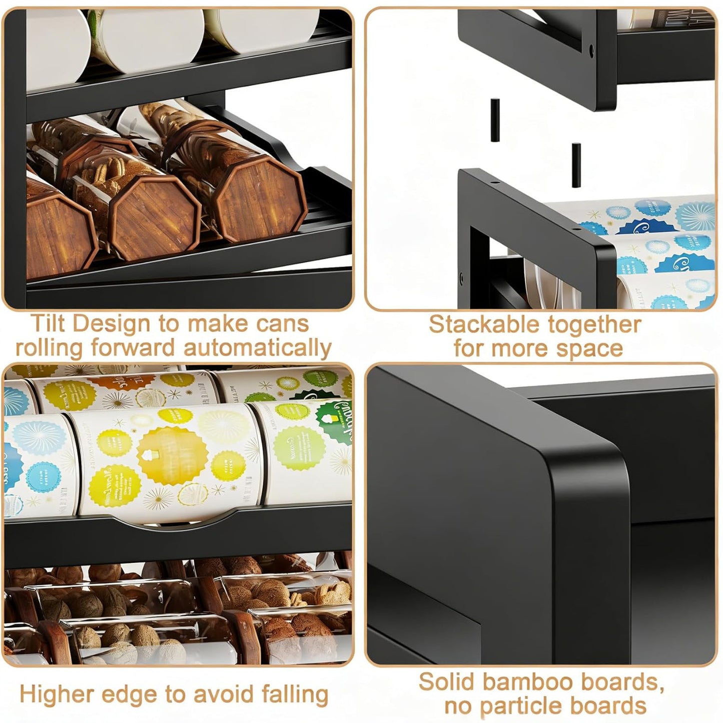 Can Organizer for Pantry, Detachable Bamboo 4 Tier Stackable Can Storage Rack, Rolling Soda Can Dispenser Can Holders for Cabinet, Holds Up to 48 Cans, Black