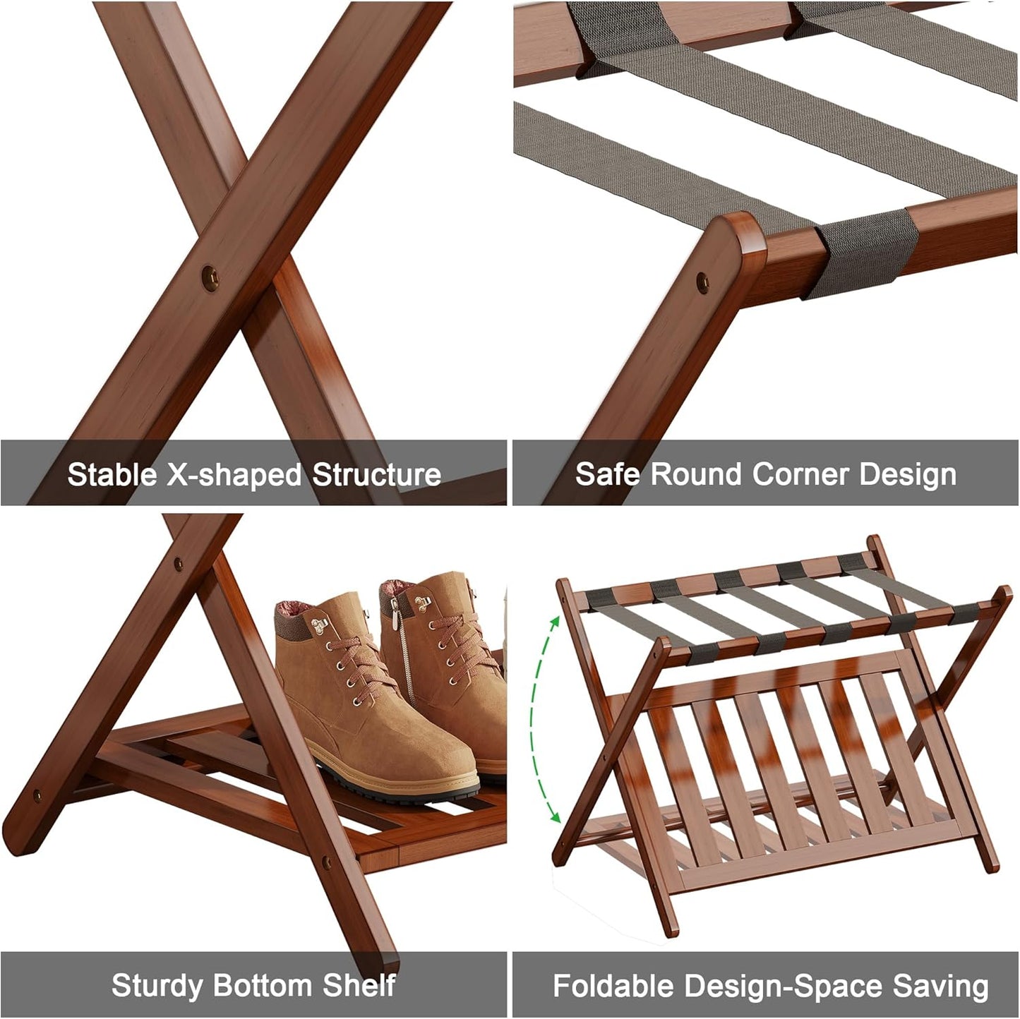 Full Assembled Luggage Rack Set of 2, Bamboo Luggage Holder Rack for Guest Room, 26.77" L Folding Suitcase Stand with 5 Nylon Straps & Storage Shelf for Bedroom Hotel (2 Pack - Brown)