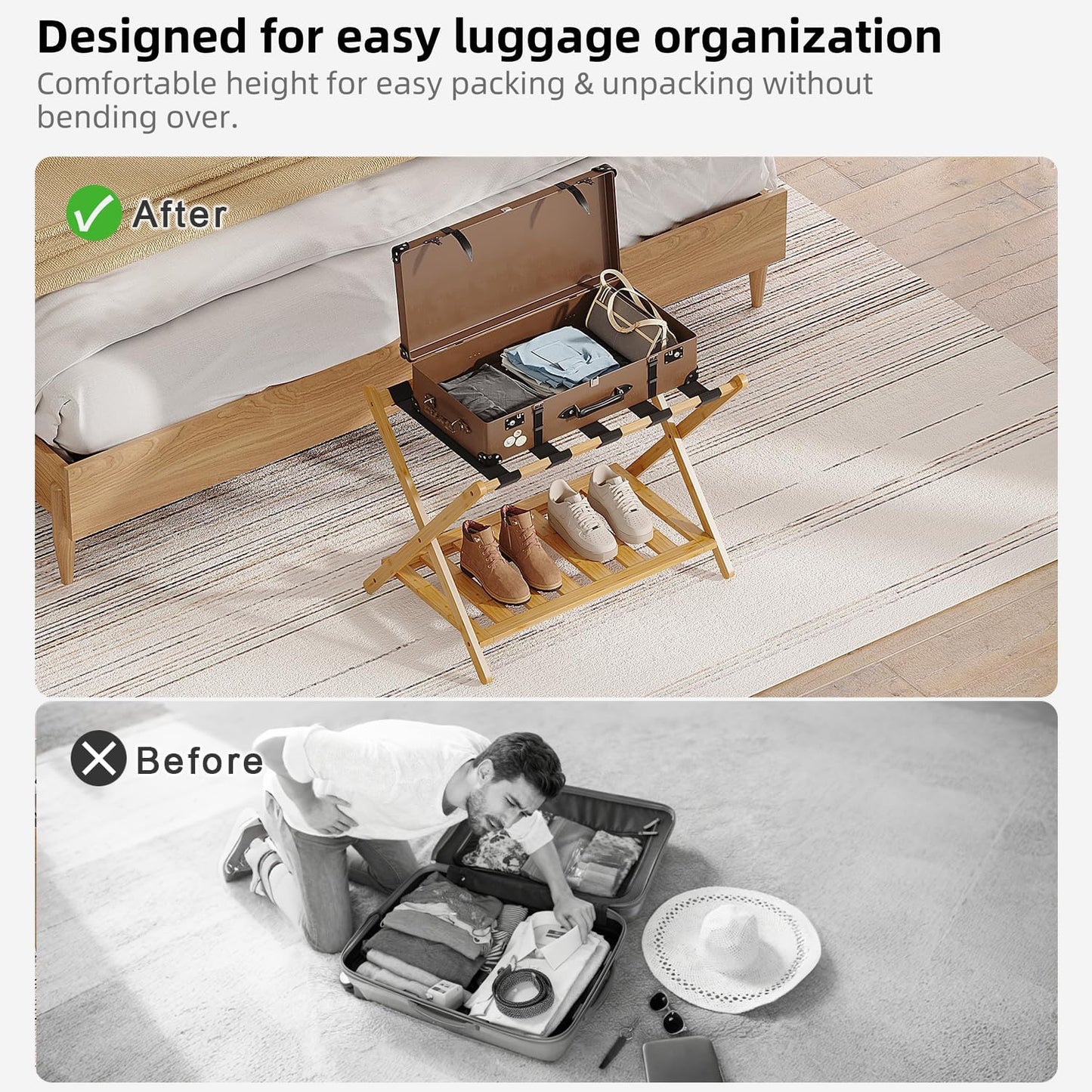 Full Assembled Luggage Rack Set of 2, Bamboo Luggage Holder Rack for Guest Room, 26.77" L Folding Suitcase Stand with 5 Nylon Straps & Storage Shelf for Bedroom Hotel (2 Pack - Natural)