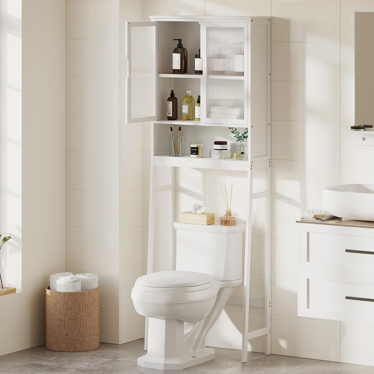 Over The Toilet Storage Cabinet, Bamboo Bathroom Over Toilet Storage Organizer with Adjustable Shelves and Double Doors, Above Toilet Storage Cabinet (White)