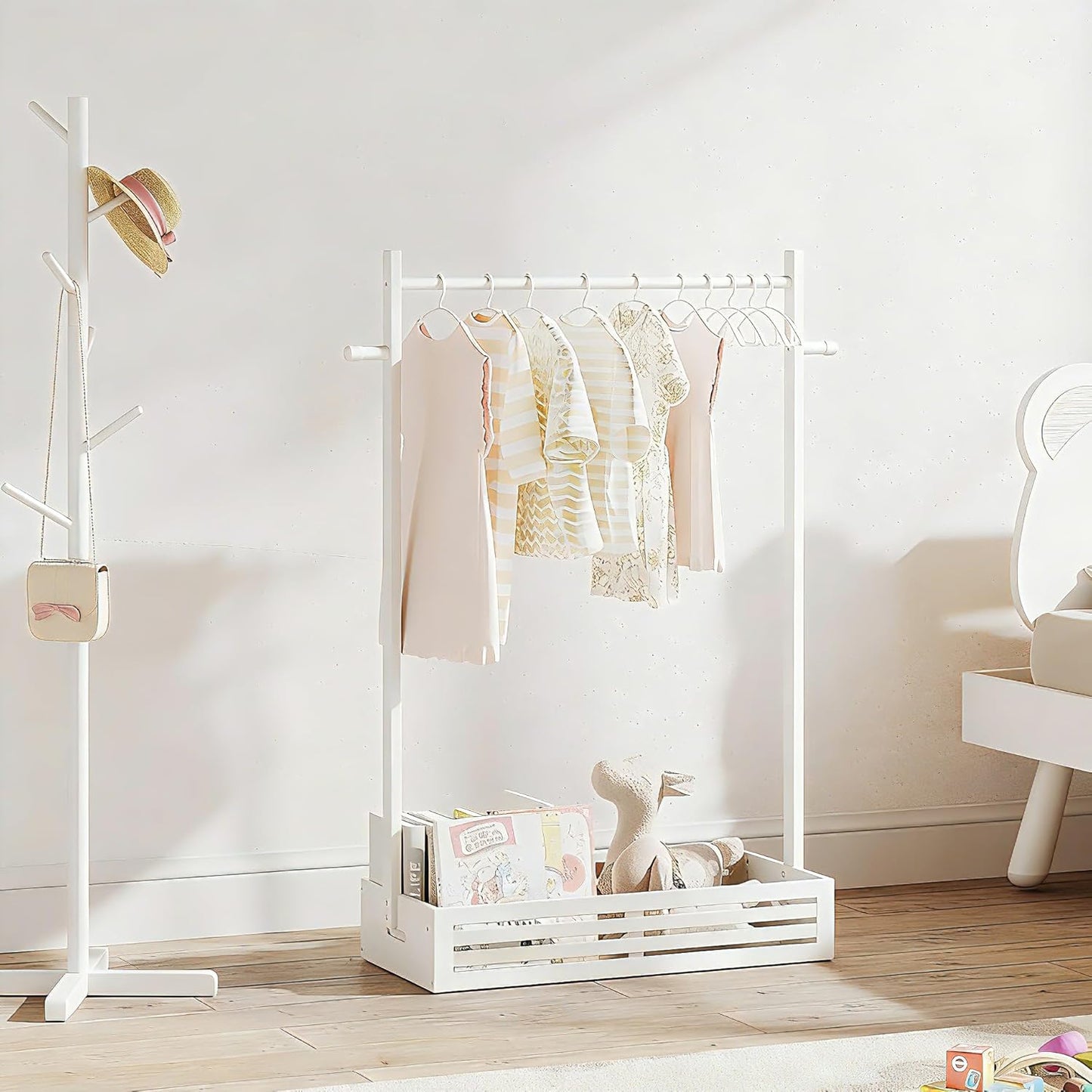Kids Clothing Rack for Toddler, Pets Clothes Rack with Storage Box & Hanging Rod for Dogs/Cats, Baby Clothes Closet Stand for Nursery Room (White, Kids)