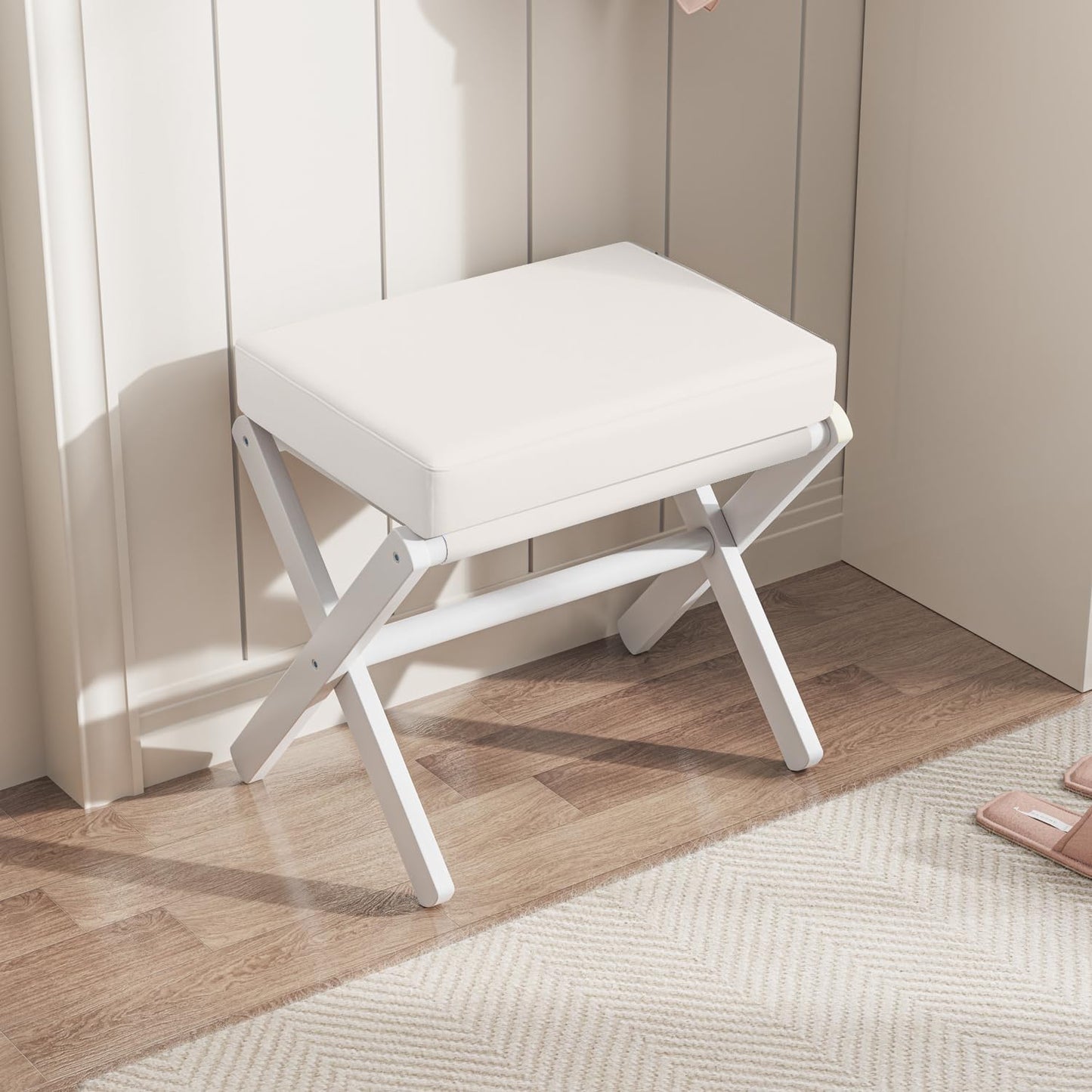 Foldable Foot Stool Ottoman, Modern Foot Rest with Bamboo X Legs & Thick Foam Cushion, Folding Foot Stools Small Padded for Bedroom Living Room, Footstool for Chair Couch (White - White)
