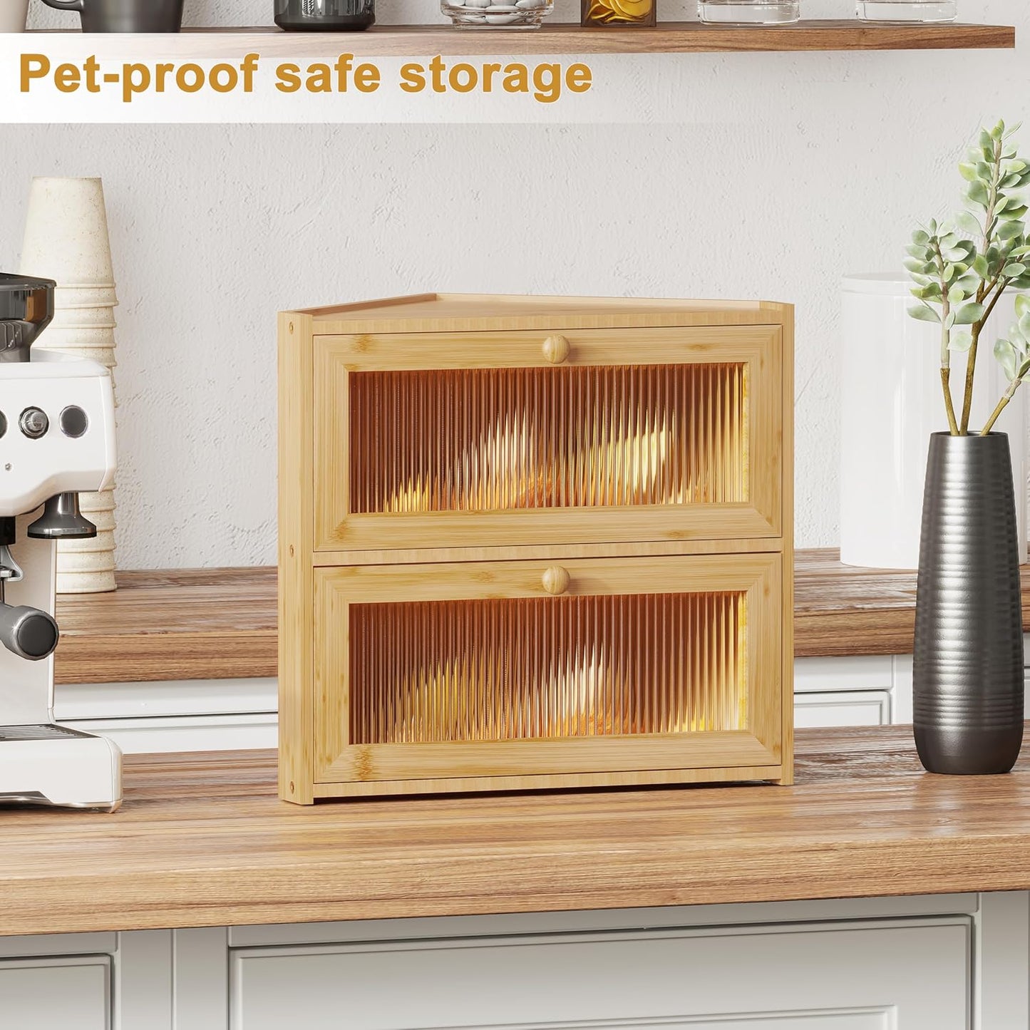 Corner Bread Box for Kitchen Countertop, Double Layer Bamboo Bread Storage Container with Wavy Windows, Farmhouse Large Bread Bin, Wooden Breadbox Holder for Homemade Bread (Natural)