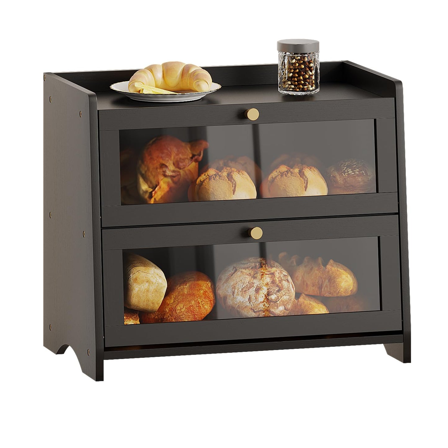 Bread Box for Kitchen Countertop, Extra Large Bamboo Bread Storage Container for Homemade Bread, Double Layer Breadox, Bread Bin Organizer for Counter Cabinet Pantry, Black