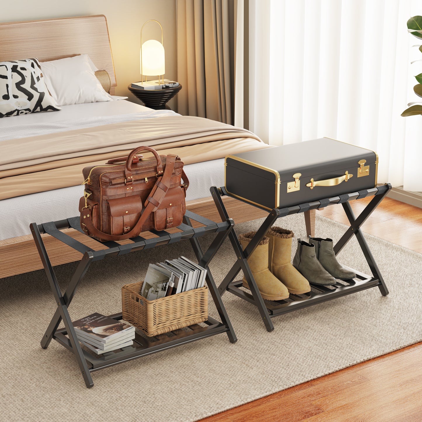 Bamboo Luggage Rack for Guest Room, Wide Suitcase Stand with Storage Shelf, Folding Luggage Stand Holder for Bedroom Hotel, 26.77" Thickened Luggage Rack for Suitcases, Black
