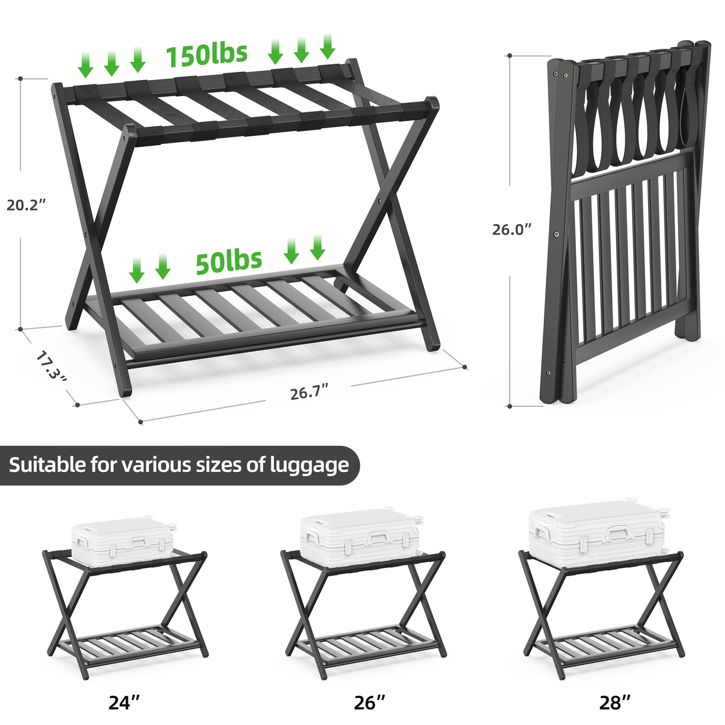 Bamboo Luggage Rack for Guest Room, Wide Suitcase Stand with Storage Shelf, Folding Luggage Stand Holder for Bedroom Hotel, 26.77" Thickened Luggage Rack for Suitcases, Black