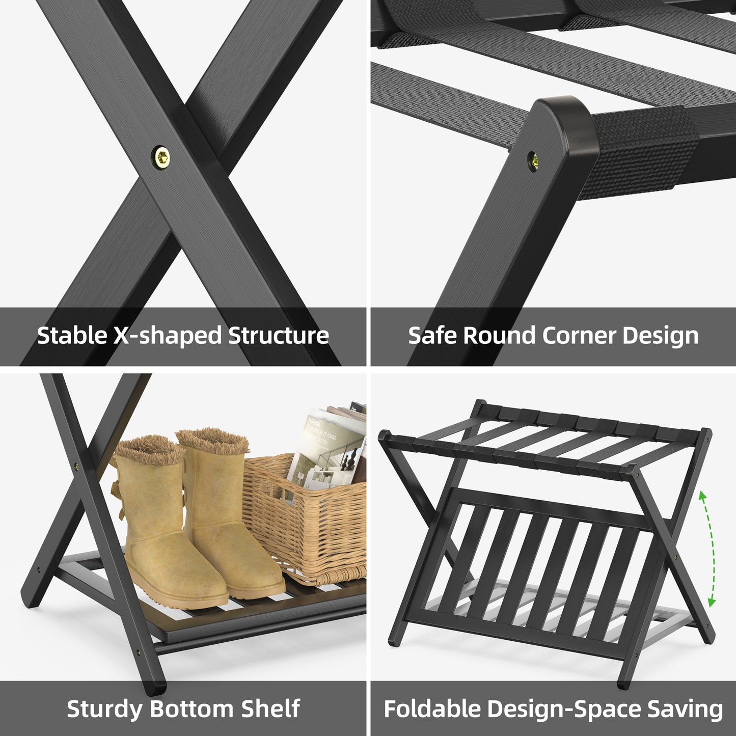 2 Pack Bamboo Luggage Rack for Guest Room, 26.77" Folding Wide Suitcase Stand with Storage Shelf, Thickened Luggage Stand Holder for Bedroom Hotel, Luggage Rack for Suitcases (Black)