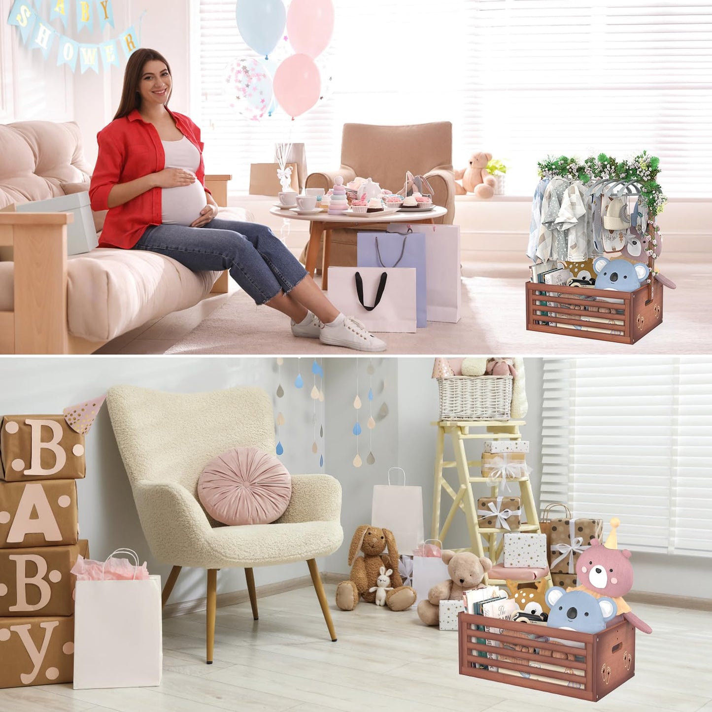 Baby Shower Crate Closet, Baby Baskets with Hangers Handle, Baby Crate Box for Baby Shower, Welcome Gift Basket for Newborn Baby, Pregnancy Gift for New Parents (Natural, Large Size)