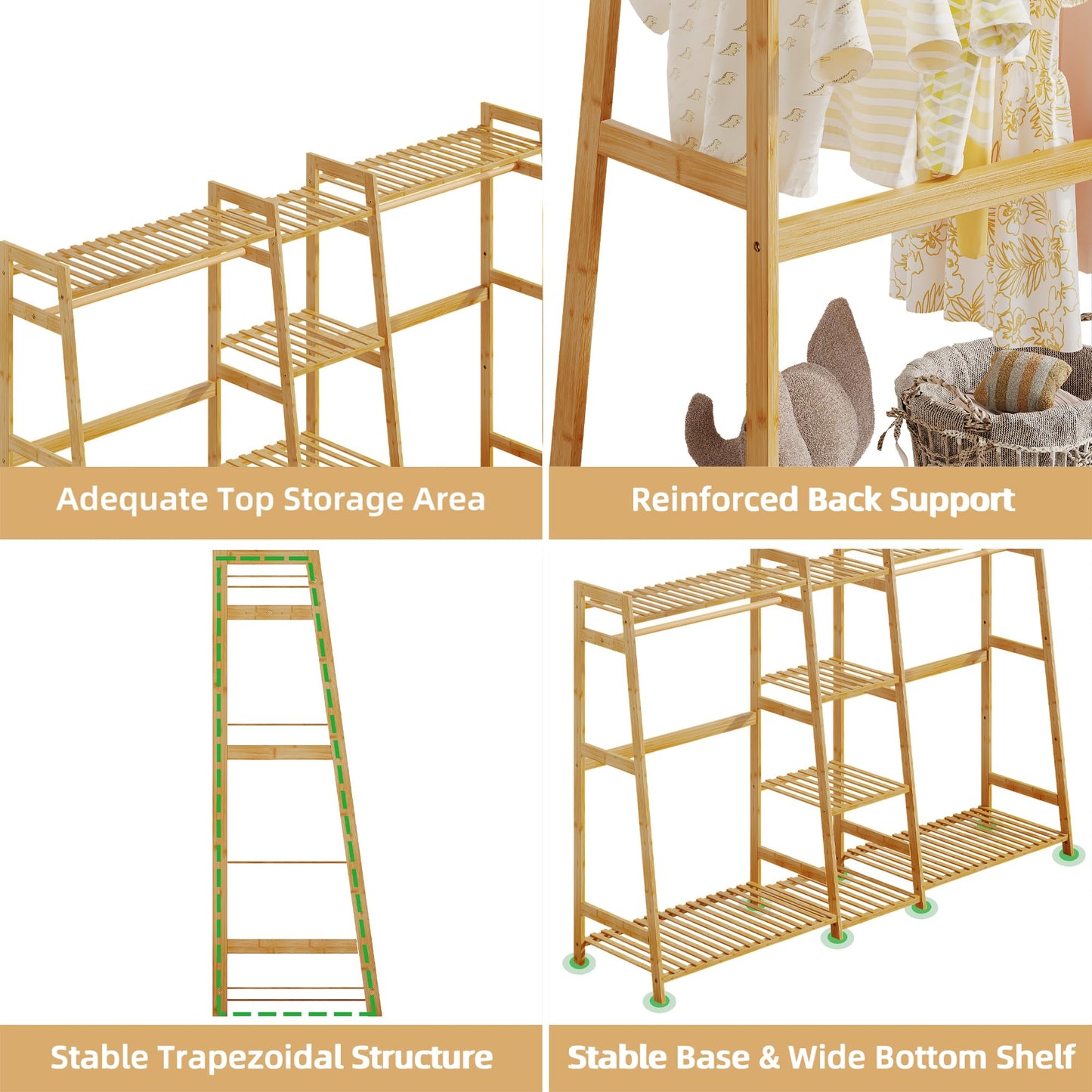 Kids Clothing Rack with Shelves, Bamboo Clothes Garment Rack for Kids Child Baby, Kids Dress Up Storage Rack with Top Shelf, Toddlers Wardrobe Closet for Nursery (Large Size)