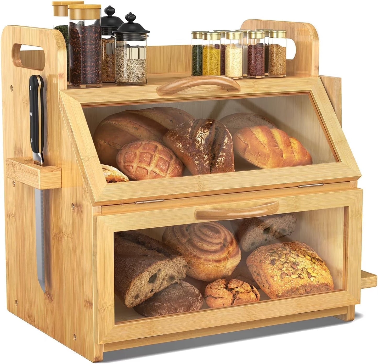 Extra Large Bread Box, Double Layer Bread Box for Homemade Bread, Bamboo Wooden Bread Storage Container with Tool Holder & Handles & Window, Assembly Required(14.9" x 11" x 15.3") Natural