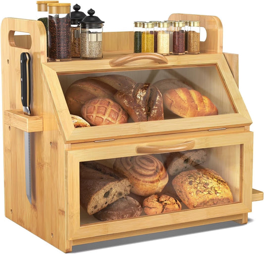 Extra Large Bread Box, Double Layer Bread Box for Homemade Bread, Bamboo Wooden Bread Storage Container with Tool Holder & Handles & Window, Assembly Required(14.9" x 11" x 15.3") Natural