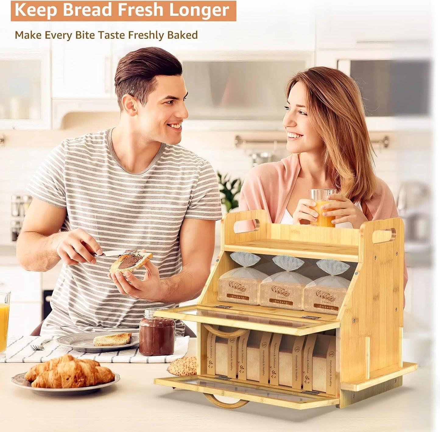 Extra Large Bread Box, Double Layer Bread Box for Homemade Bread, Bamboo Wooden Bread Storage Container with Tool Holder & Handles & Window, Assembly Required(14.9" x 11" x 15.3") Natural