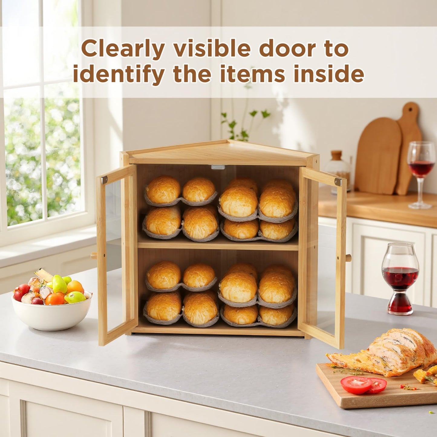Bread Box, Double Layer Bamboo Bread Bin for Homemade Bread Bakers and Corner Kitchen Countertop with Double Doors, Not Suitable for Oversized Loaves, Natural