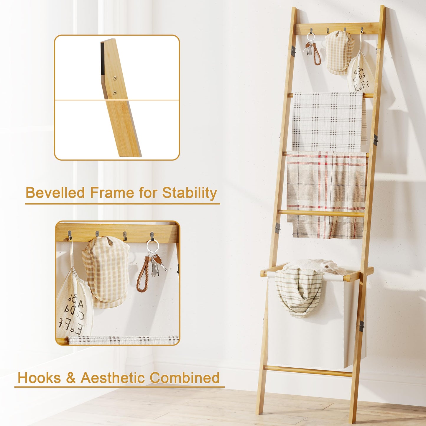 Bamboo Blanket Ladder with Basket, 5-Tier Quilt Rack Stand with 4 Hooks & Storage Hamper for Living Room Bathroom, Wall Leaning Decorative Ladder Shelf for Blankets Display (Natural)