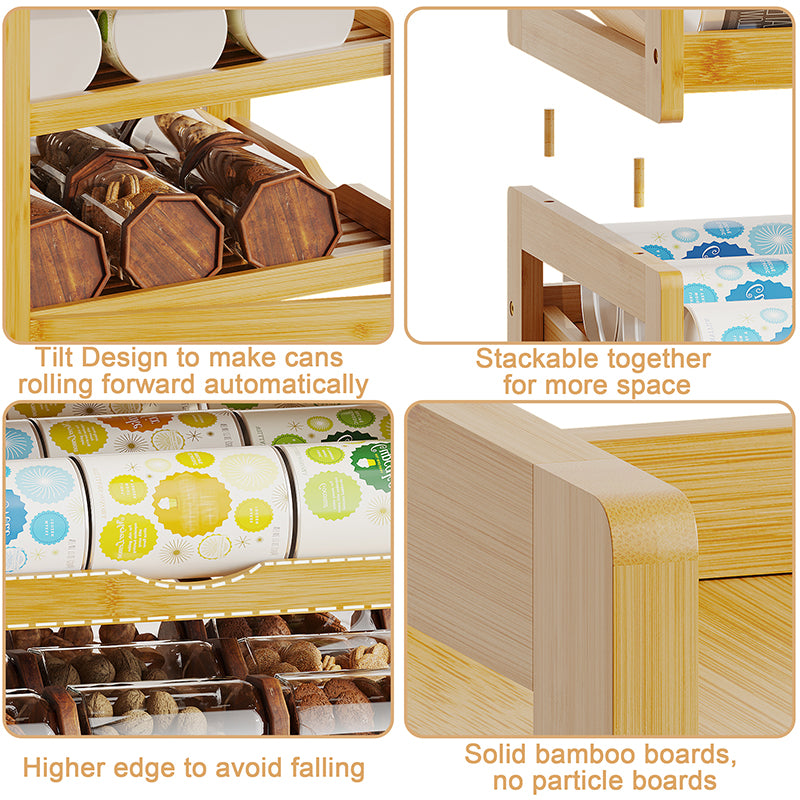 Can Organizer for Pantry, Detachable Bamboo 4 Tier Stackable Can Storage Rack, Rolling Soda Can Dispenser Can Holders for Cabinet, Holds Up to 48 Cans