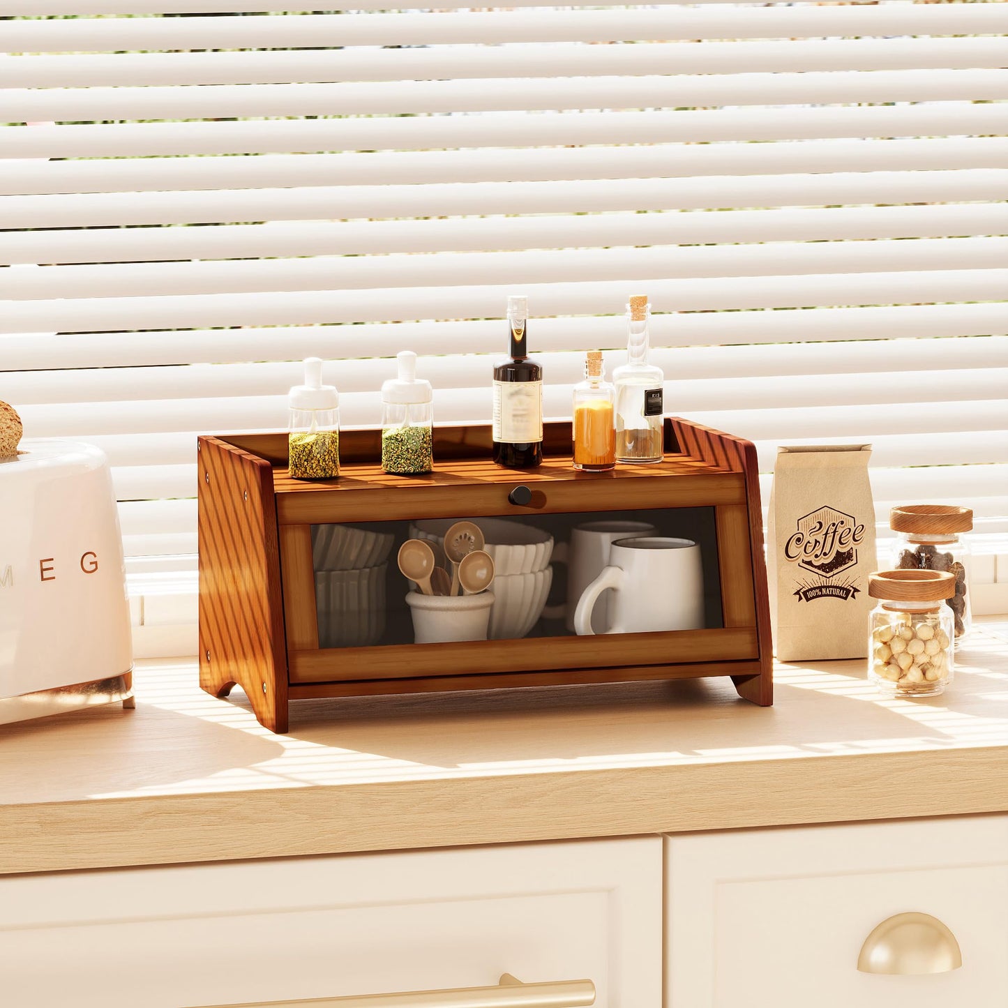 Bread Box for Kitchen Countertop, Bamboo Bread Box for Homemade Bread, Wooden Farmhouse Bread Storage Container, Small Breadbox Bread Bin Organizer for Counter Cabinet Pantry, Brown