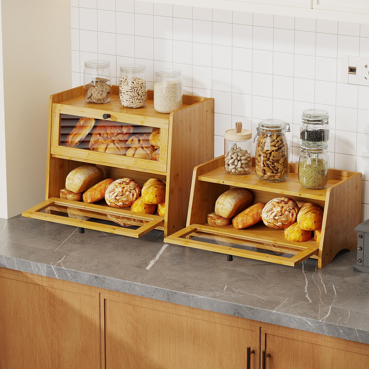 Bread Box for Kitchen Countertop, Bamboo Bread Box for Homemade Bread, Wooden Farmhouse Bread Storage Container, Small Breadbox Bread Bin Organizer for Counter Cabinet Pantry, Natural