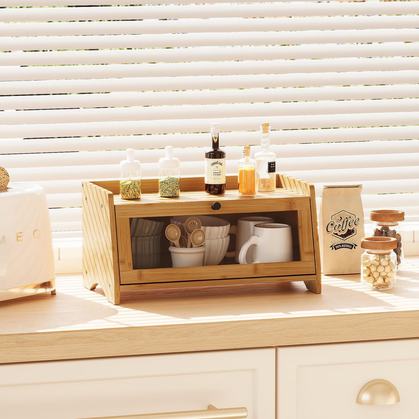Bread Box for Kitchen Countertop, Bamboo Bread Box for Homemade Bread, Wooden Farmhouse Bread Storage Container, Small Breadbox Bread Bin Organizer for Counter Cabinet Pantry, Natural