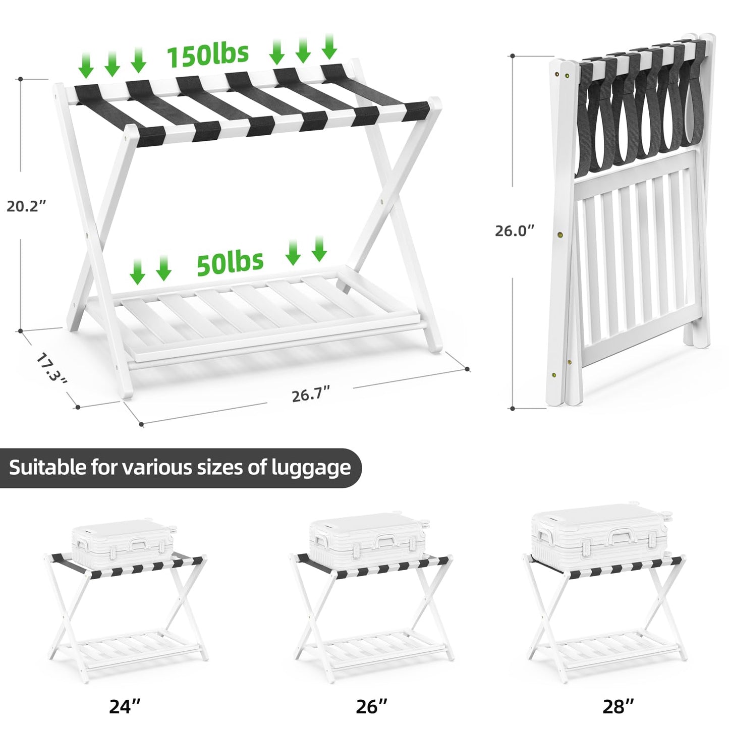 2 Pack Bamboo Luggage Rack for Guest Room, 26.77" Folding Wide Suitcase Stand with Storage Shelf, Thickened Luggage Stand Holder for Bedroom Hotel, Luggage Rack for Suitcases (White)