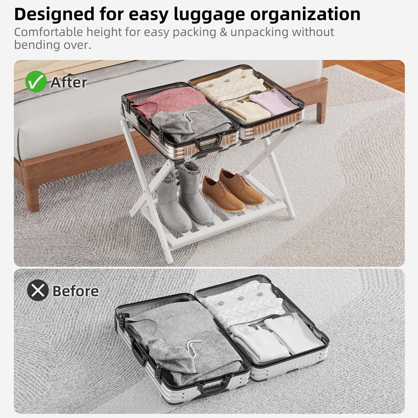 2 Pack Bamboo Luggage Rack for Guest Room, 26.77" Folding Wide Suitcase Stand with Storage Shelf, Thickened Luggage Stand Holder for Bedroom Hotel, Luggage Rack for Suitcases (White)
