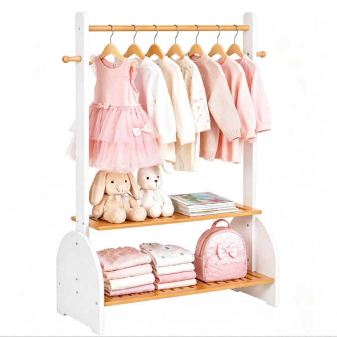 Kids Clothing Rack with Adjustable Rods, Children Clothes Garment Rack for Kids Baby Pet, Kids Dress Up Rack with 2 Bottom Shelves, Kids Wardrobe Closet for Toddlers Nursery (White)